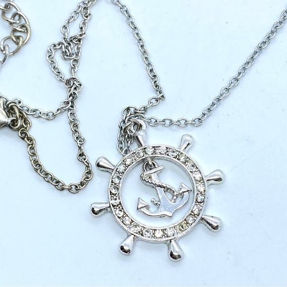 Nautical Anchor Silvertone with Rhinestones Necklace - Picture 2 of 7
